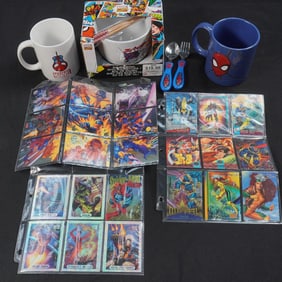 8pc Marvel Collectibles Lot: Mugs, Bowl Set, and Trading Cards