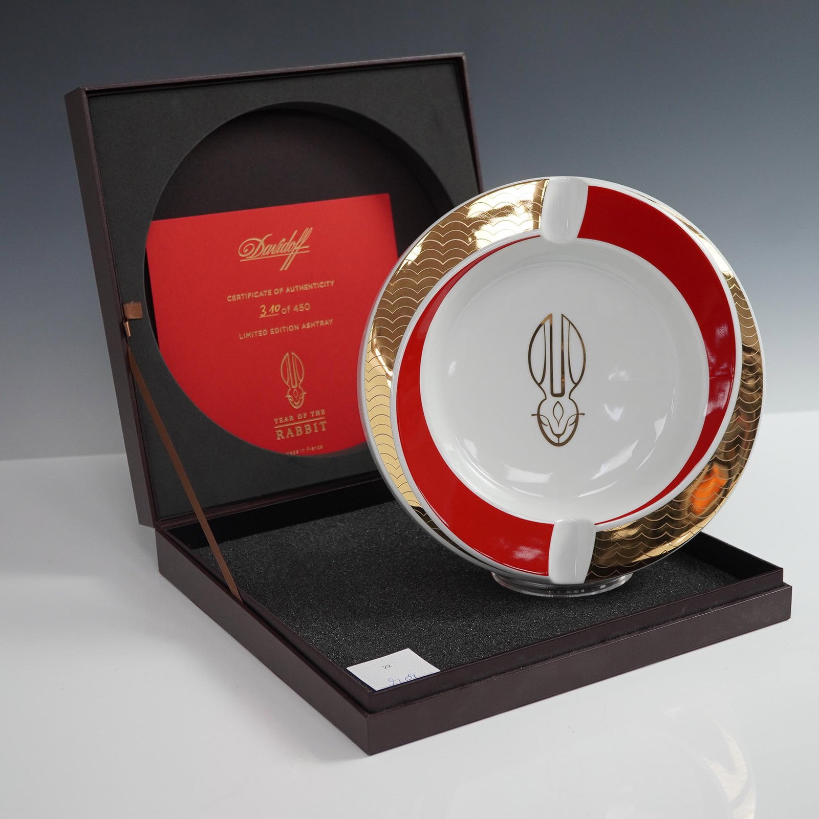 Davidoff Year of the Rabbit Limited Edition Ashtray, 310/450: A luxurious limited edition porcelain ashtray by Davidoff, crafted to commemorate the Chinese zodiac "Year of the Rabbit." Made in France by Artoria Limoges, this finely detailed piece features a bold