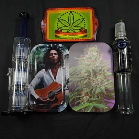 5pc Cannabis Themed Smoking Accessories Set, Illadelph Bong, Eye CandyTray