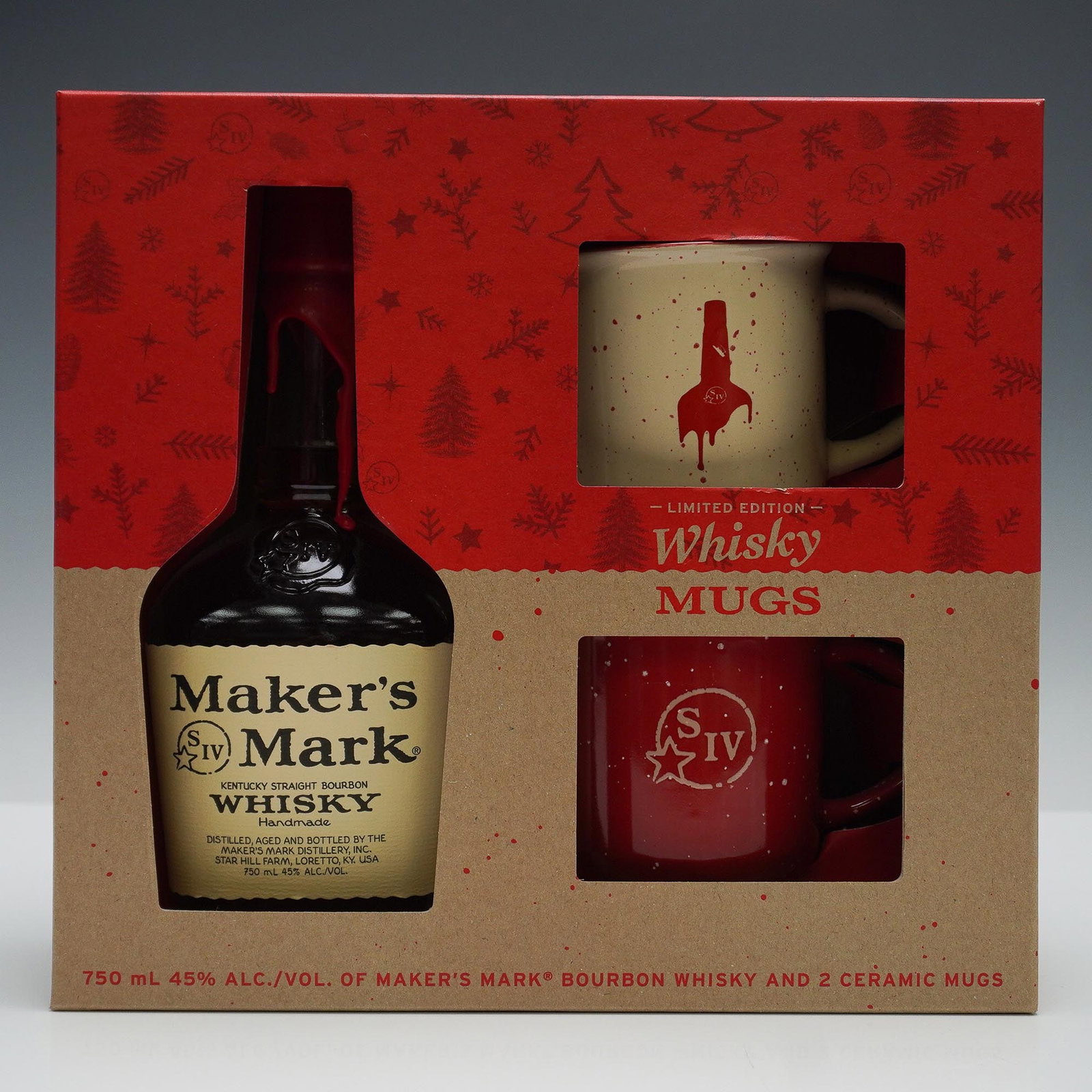 Makers Mark Bourbon Gift Set with 2 Limited Edition Mugs: Special edition Maker's Mark Kentucky Straight Bourbon Whisky gift set featuring one 750ml bottle (45% Alc/Vol) and two ceramic mugs designed for holiday serving. Packaged in a festive red and kraft-s