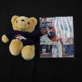 2pc John Elway Signed Photo with Denver Broncos Stuffed Bear, Football