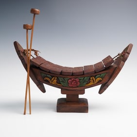 Hand-Carved Folk Art Wooden Xylophone with Mallets