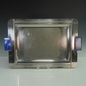 Jean Couzon Stainless Steel Tray with Blue Marbled Handles