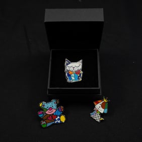 3pc Britto Enamel Pins, Cat, Bear & Dog