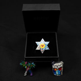 3pc Britto Enamel Pins, Star of David, Cat & Palm Trees in Britto Box