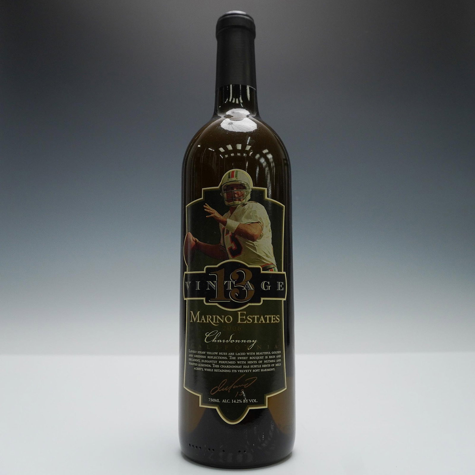 Vintage 13 Marino Estate 2006 Chardonnay California: This unopened 750ml bottle of 2006 Chardonnay from Marino Estates is part of the Vintage 13 series created in collaboration with the Dan Marino Foundation. Vinted and bottled by Charity Wines in Heald