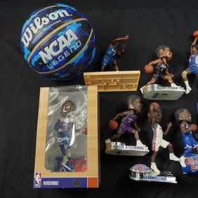 13pc NBA Basketball Collectibles Lot with Bobbleheads, Magazines & Wall Art