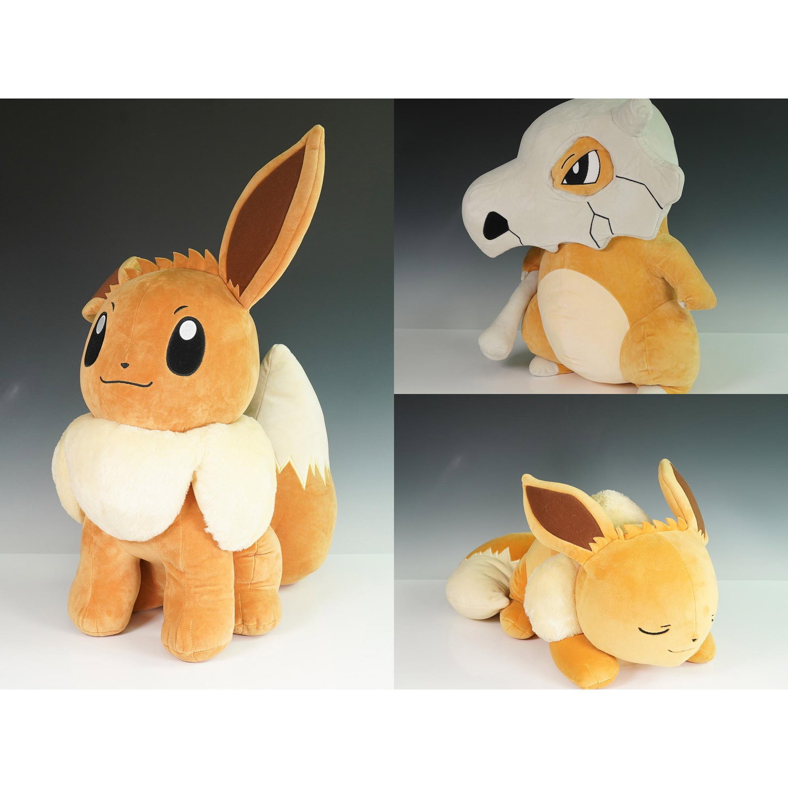 3pc Pokemon Plush Lot, Eevee and Cubone: Set of three Pokemon plush toys including two variations of Eevee and one Cubone. The lot features one standing Eevee plush with large upright ears and a soft cream collar, one sleeping Eevee plush wi