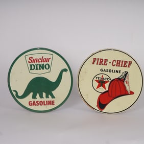 2pc Sinclair Dino and Texaco Fire Chief Gasoline Round Metal Signs