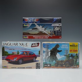 3pc Model Kit Lot, Top Gun, Godzilla, and Jaguar XK-E