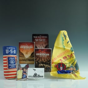 8pc Patriotic & Military Lot, WWII DVDs, Scarf, Tito's Sleeve