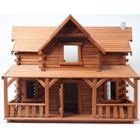 2pc Handcrafted Wooden Log Cabin Dollhouse with Furniture
