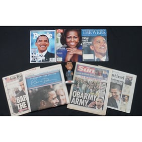 8pc Barack Obama Memorabilia Collection: Newspapers, Magazines & Bobblehead