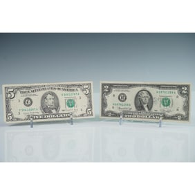 2pc U.S. Federal Reserve Notes, 2 and 5 Dollar Bills