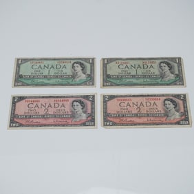 4pc 1954 Bank of Canada Banknotes, $1 and $2 Bills