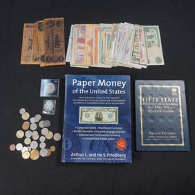 Coins, Paper Currency & Books w/Confederate Notes & 50 State Quarters