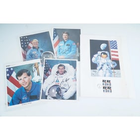 5pc NASA Astronaut Signed Photos and 1994 Moon Landing Stamp Sheet