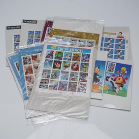 10pc USPS Stamp Sheets, Super Heroes, Disney, Peanuts, Looney Tunes