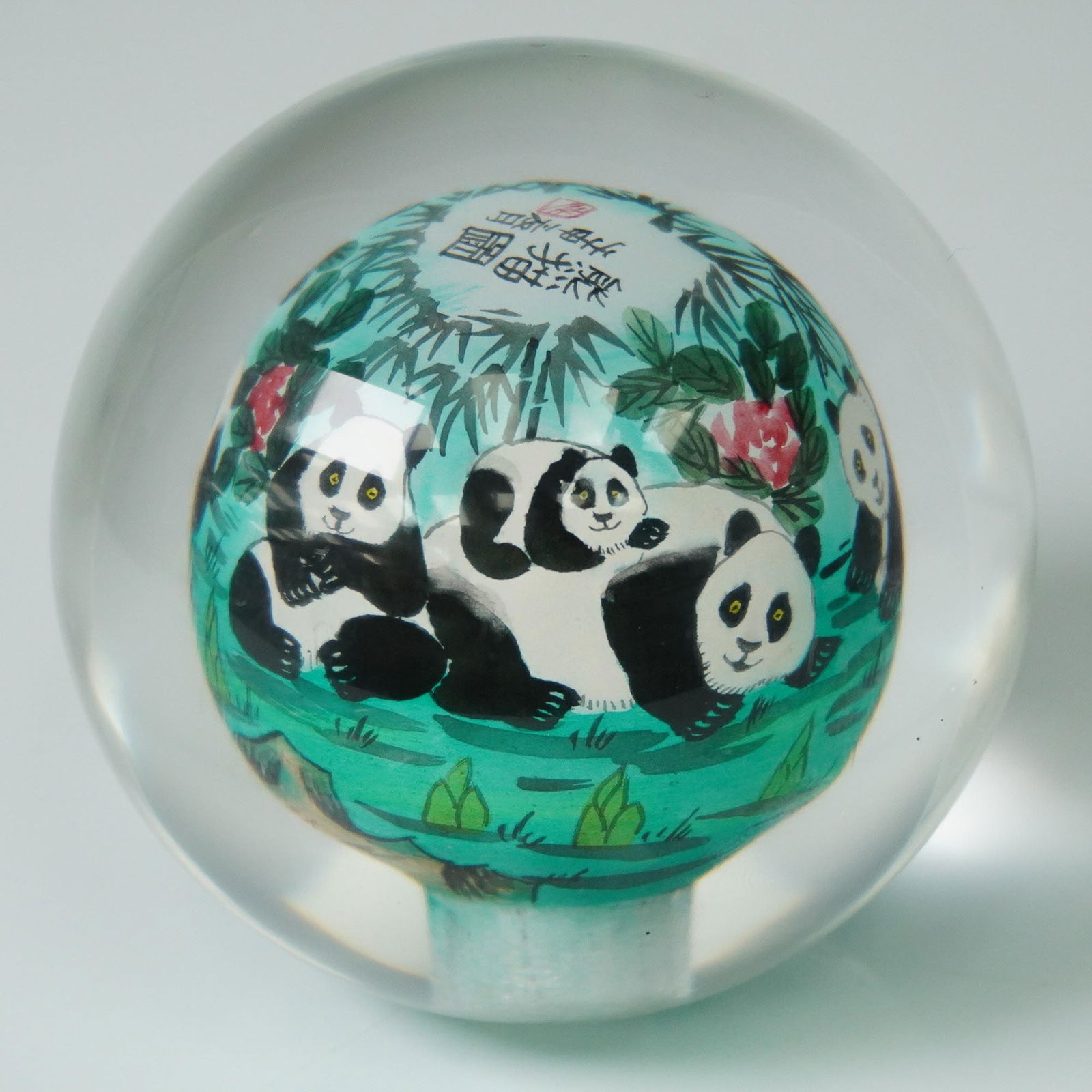 Chinese Inside Painted Crystal Paperweight, Pandas and Bamboo (1 of 5)