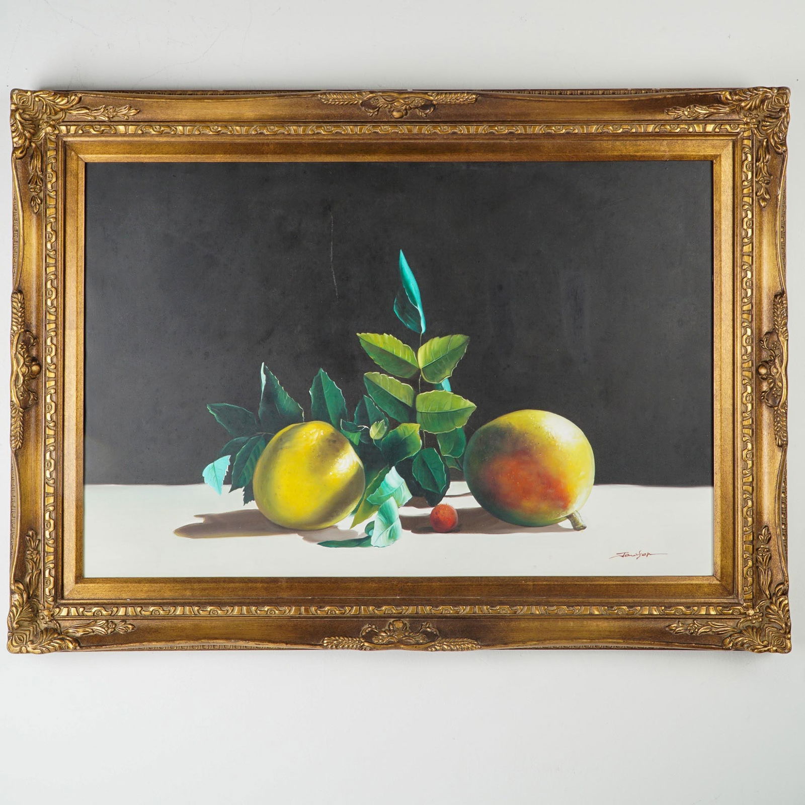 Oil on Canvas Still Life, Signed Jennifer: Large oil painting on canvas featuring a vibrant still life composition with ripe lemons, lush green leaves, and a single red berry against a deep black background, creating a dramatic contrast. The a