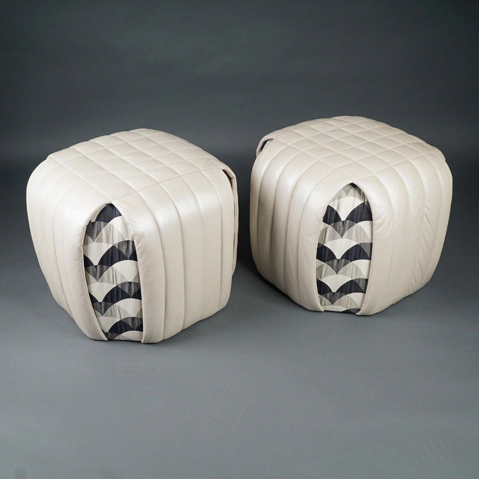 2pc Contemporary Leather & Fabric Ottomans, Matching Set (1 of 7)