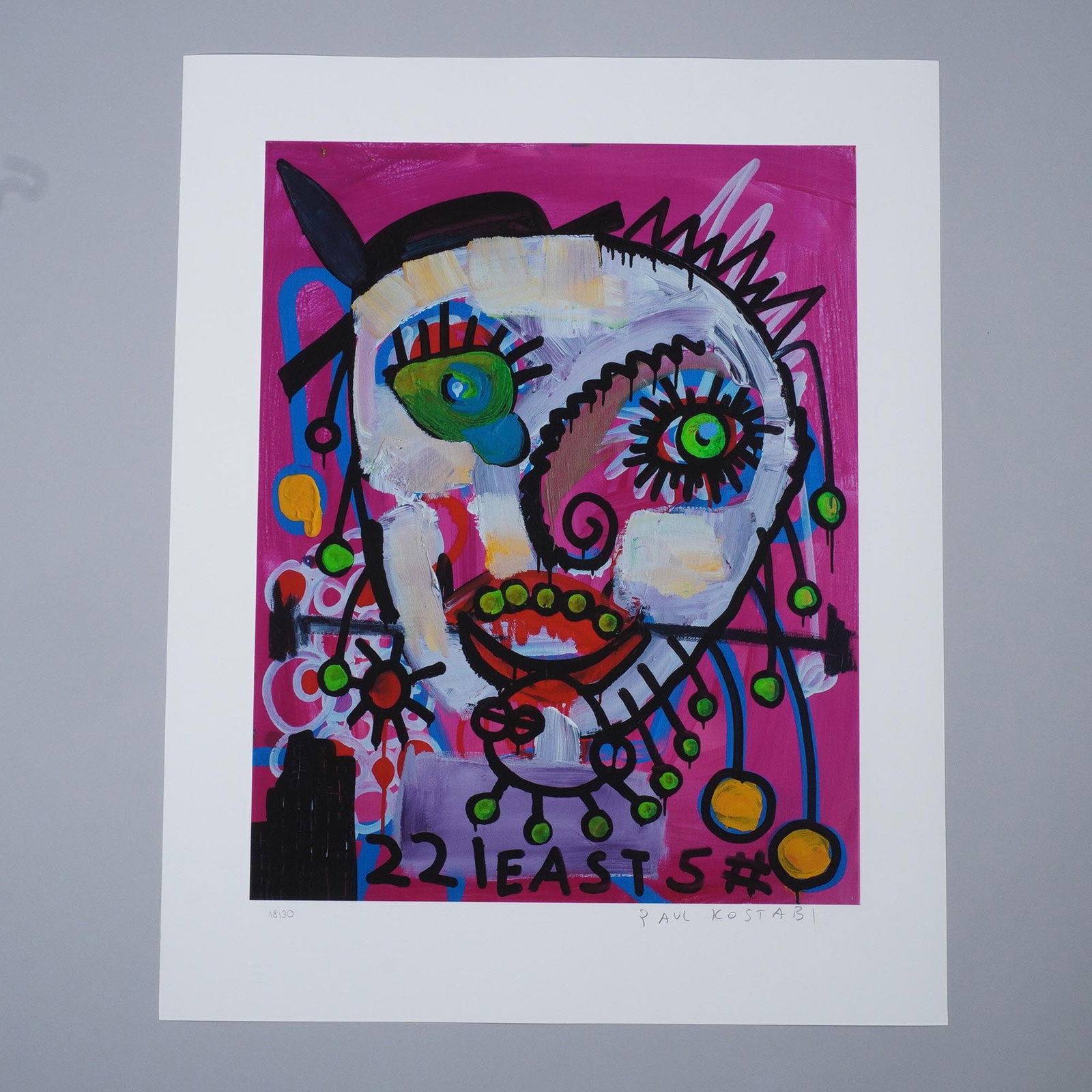 Paul Kostabi, Color Serigraph on Paper, 22 East 5, Signed: Vibrant and expressive color serigraph on paper by American artist Paul Kostabi, titled 22 East 5. This striking composition features Kostabi's signature neo-expressionist and street art influences, d
