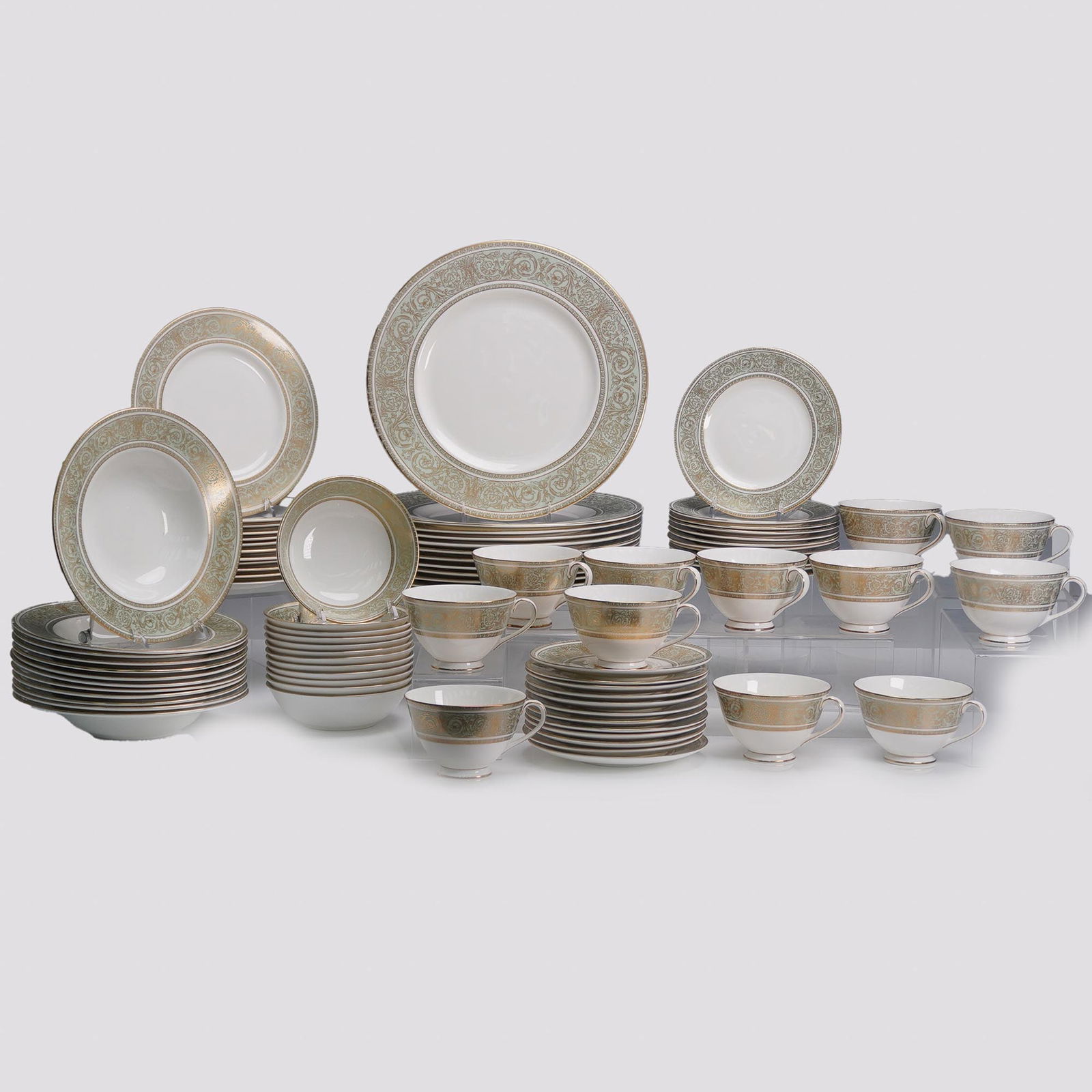 84pc Royal Doulton English Renaissance Bone China Set: Extensive 84-piece Royal Doulton English fine bone china dinnerware set in the English Renaissance pattern, H.4972. This elegant service features a soft ivory ground with a pale sage border adorned wi