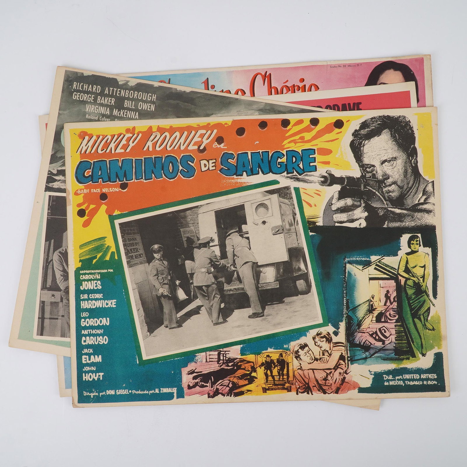 4pc Mexican Lobby Card Group Featuring Caroline Cherie and More: Group of four vintage Mexican lobby cards, each promoting a different mid-20th century film. Titles include Caminos de Sangre starring Mickey Rooney as Baby Face Nelson, Contrabando de Almas (The Ship
