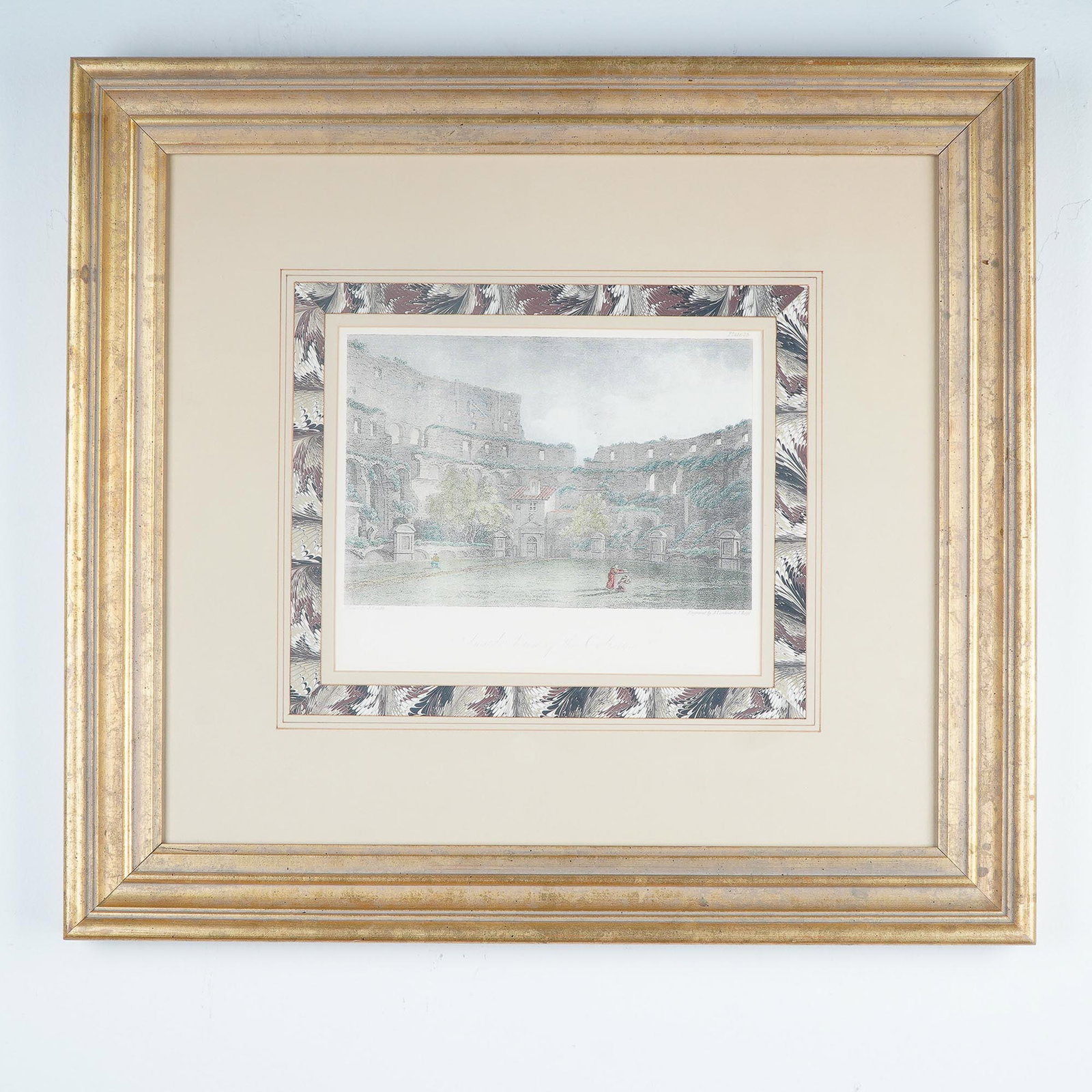 After J. Landseer and J. Roffe Engraving, Inside View of the Coliseum: Hand-colored engraving titled Inside View of the Coliseum, drawn by J. Smith and engraved by J. Landseer and J. Roffe. Print marked Plate 25. This detailed print presents a romanticized 19th-century v