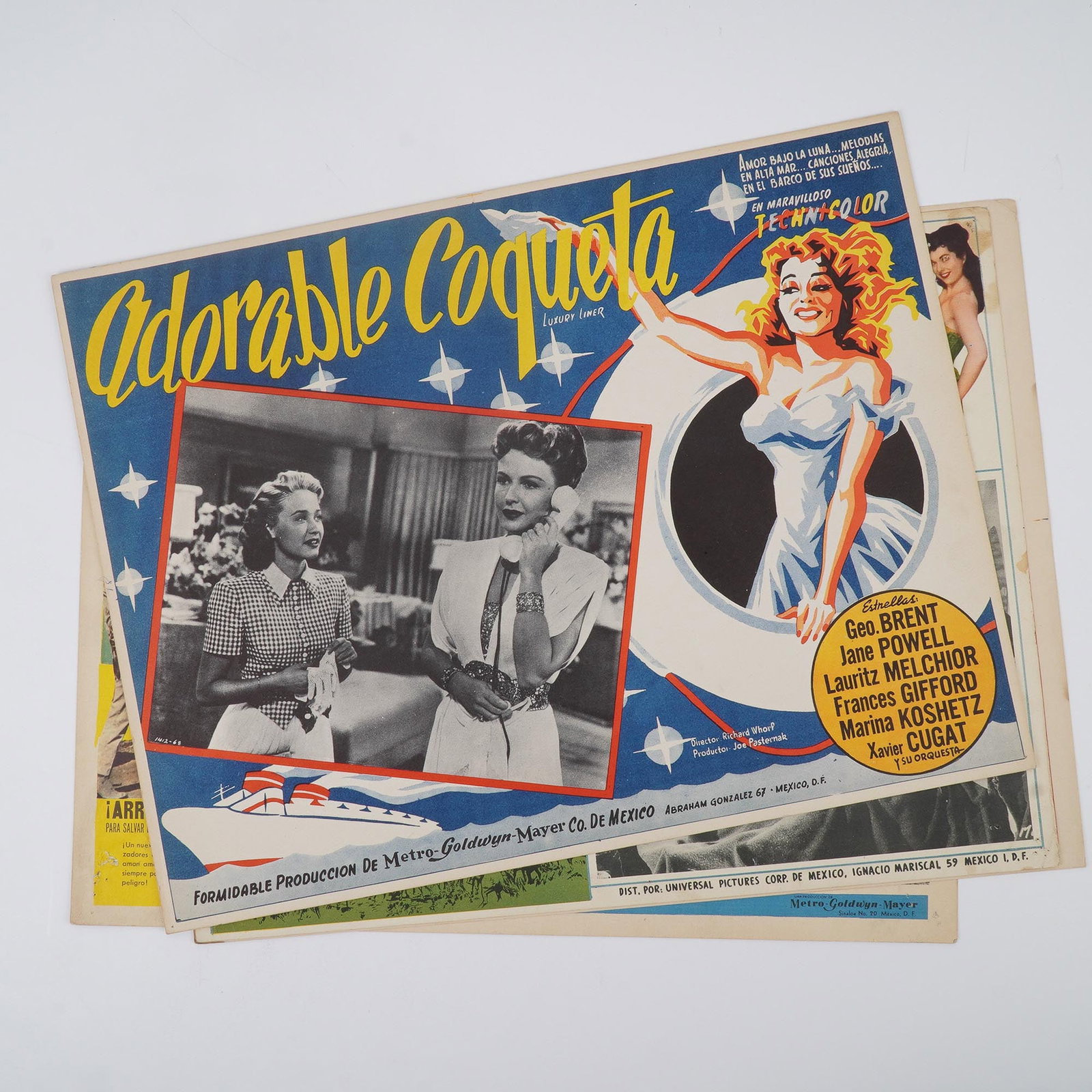 Group of 4 Vintage Mexican Lobby Cards, Musical, Drama, & Adventure Film: A colorful group of four original vintage Mexican lobby cards promoting mid-20th century films, featuring Adorable Coqueta (starring Jane Powell and Xavier Cugat), Beso de Fuego (Kiss of Fire, starrin