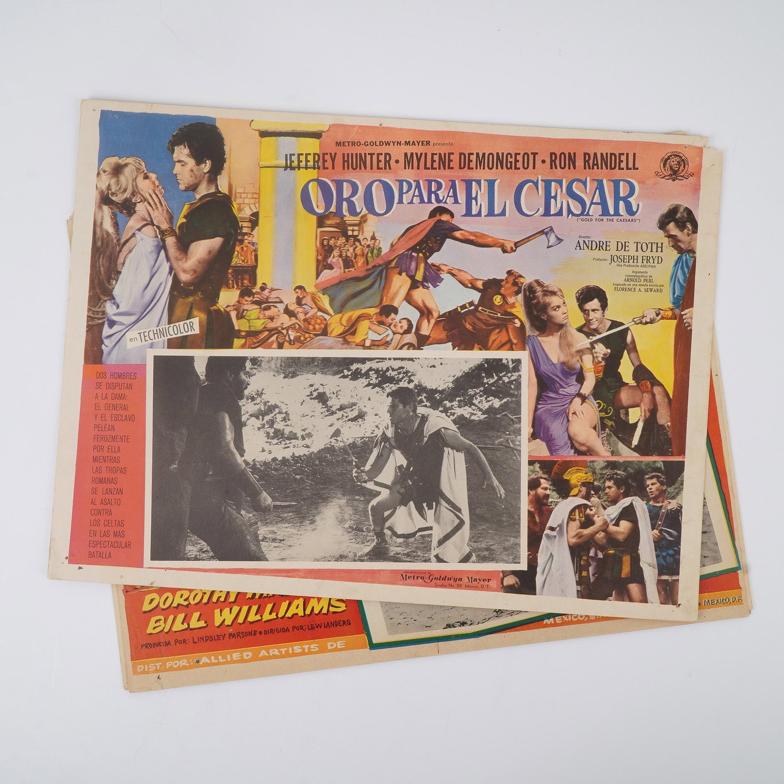 4pc Vintage Mexican Lobby Cards, Habla Manila, Oro Para el Cesar & Others: Group of four original vintage Mexican lobby cards for mid-20th century American films released in Mexico with Spanish titles and dynamic graphic design. Titles include Habla Manila (Manila Calling), 