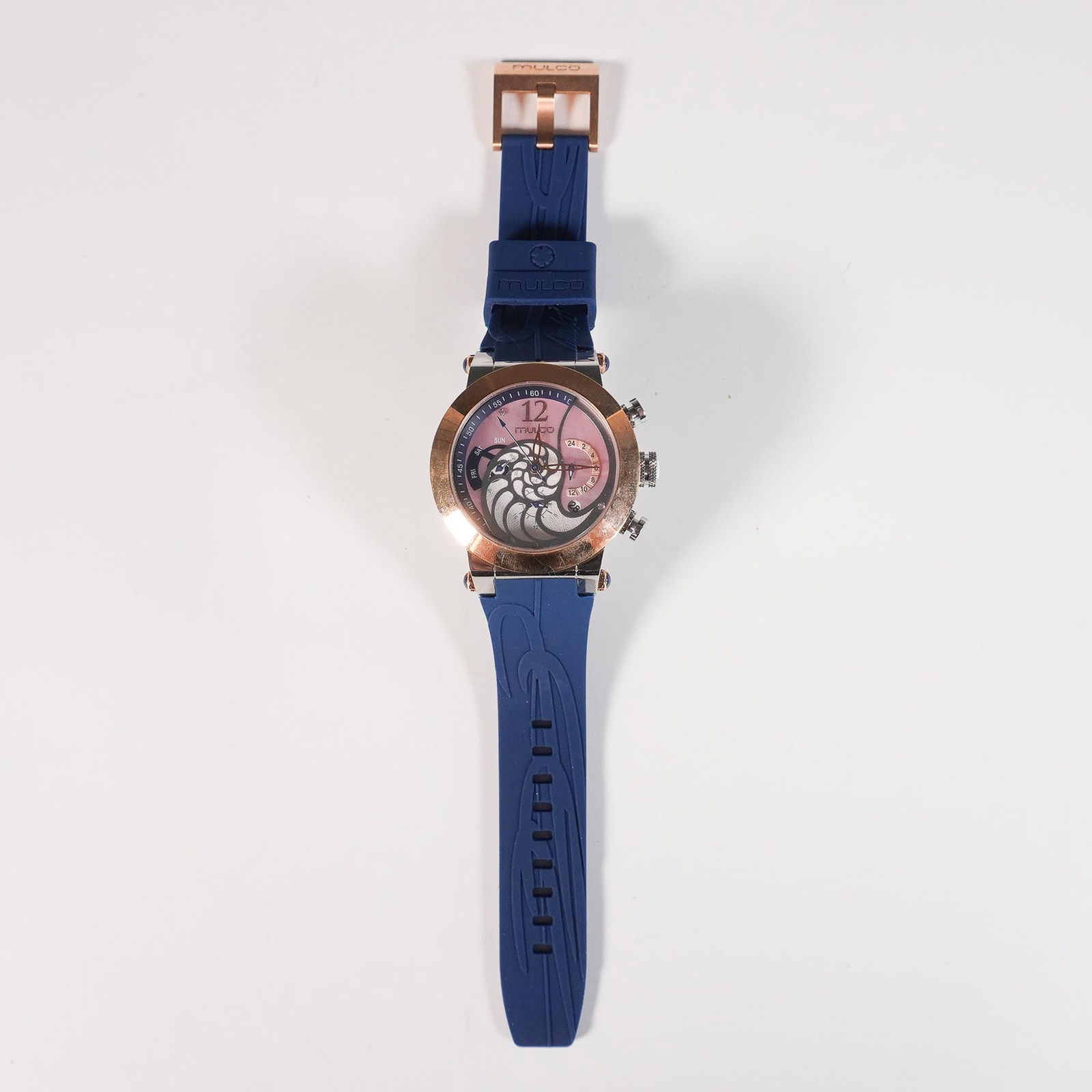 Mulco Millennia Mill Wind Chronograph Watch: Mulco chronograph wristwatch, model MW3-16151-043, from the Millennia Mill Wind collection. This eye-catching timepiece features a rose gold-tone stainless steel case paired with a bold pink and silve