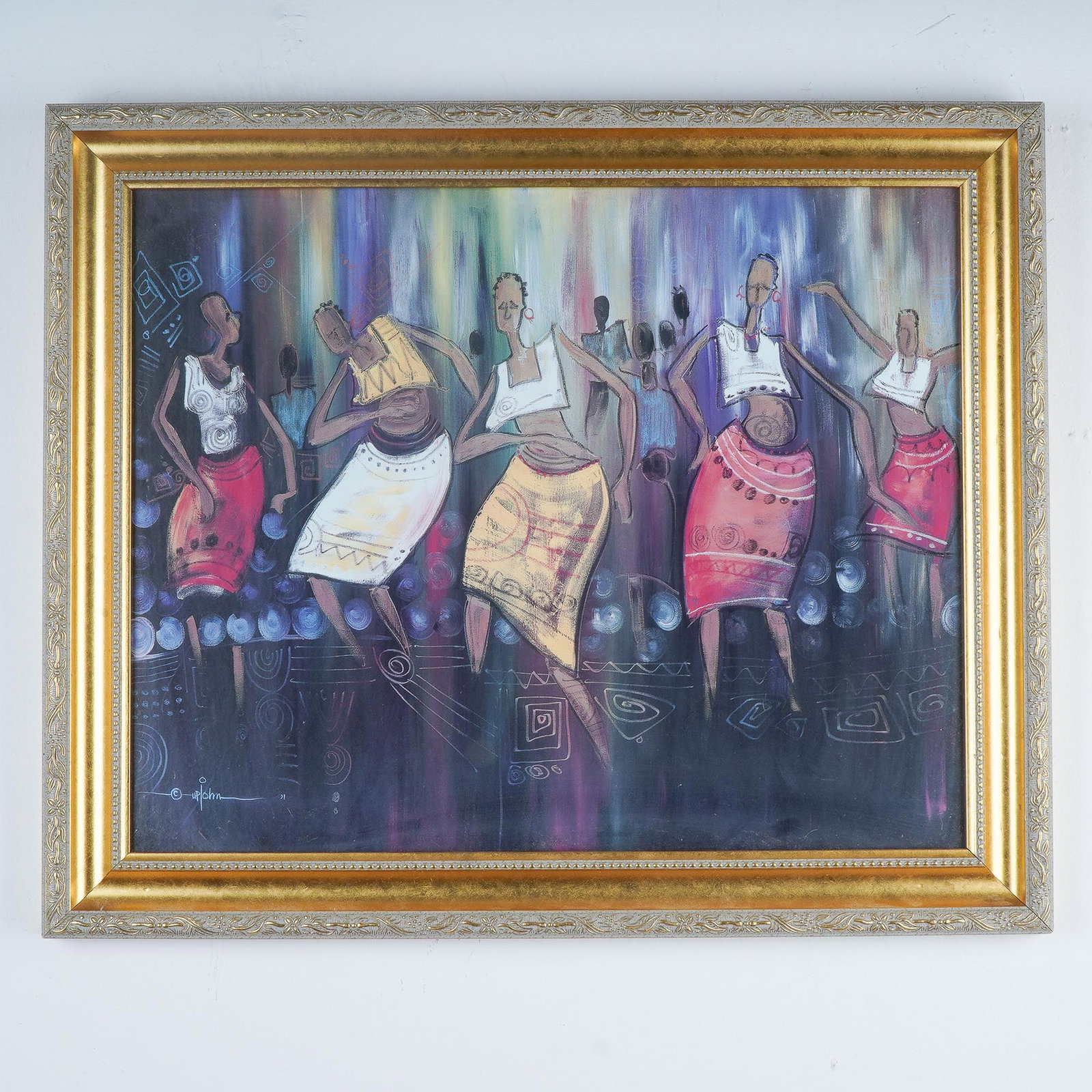 Buchi Upjohn, Framed Color Print on Paper, African Dancers: Vibrant and expressive giclee print titled African Dancers by Nigerian artist Buchi Upjohn. The composition features a dynamic group of African women dancing in colorful attire, captured mid-motion wi
