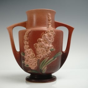 Roseville Pottery Double Handle Vase, Foxglove