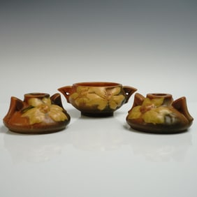 3pc Roseville Pottery Candle Holder and Sugar Bowl Set, Clematis