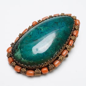 Israeli Sterling Silver Brooch with Green Cabochon and Coral Accents