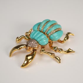 Jarin Sterling Articulated Scarab Brooch with Turquoise and Rhinestones