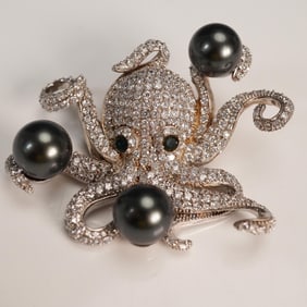 Sterling Silver Octopus Brooch with Black Pearls