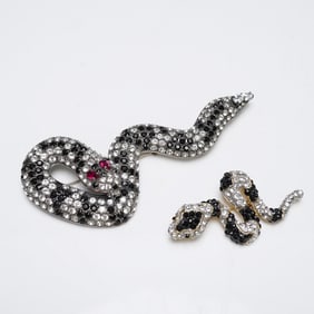 2pc Snake Brooch Set, Sterling and Crystal Pave
