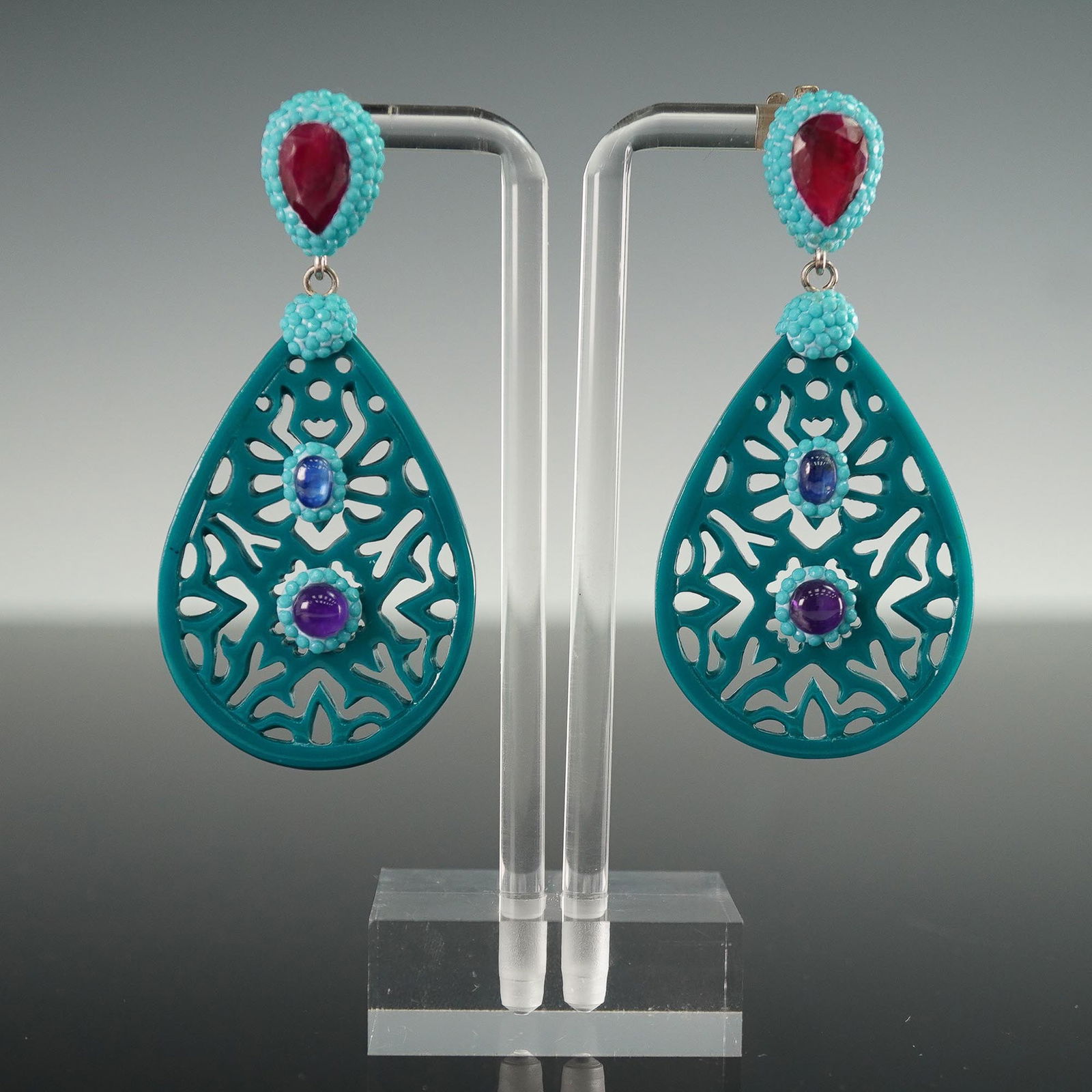 Roxelana Sterling Silver Teardrop Statement Earrings with Colorful Inlay (1 of 4)