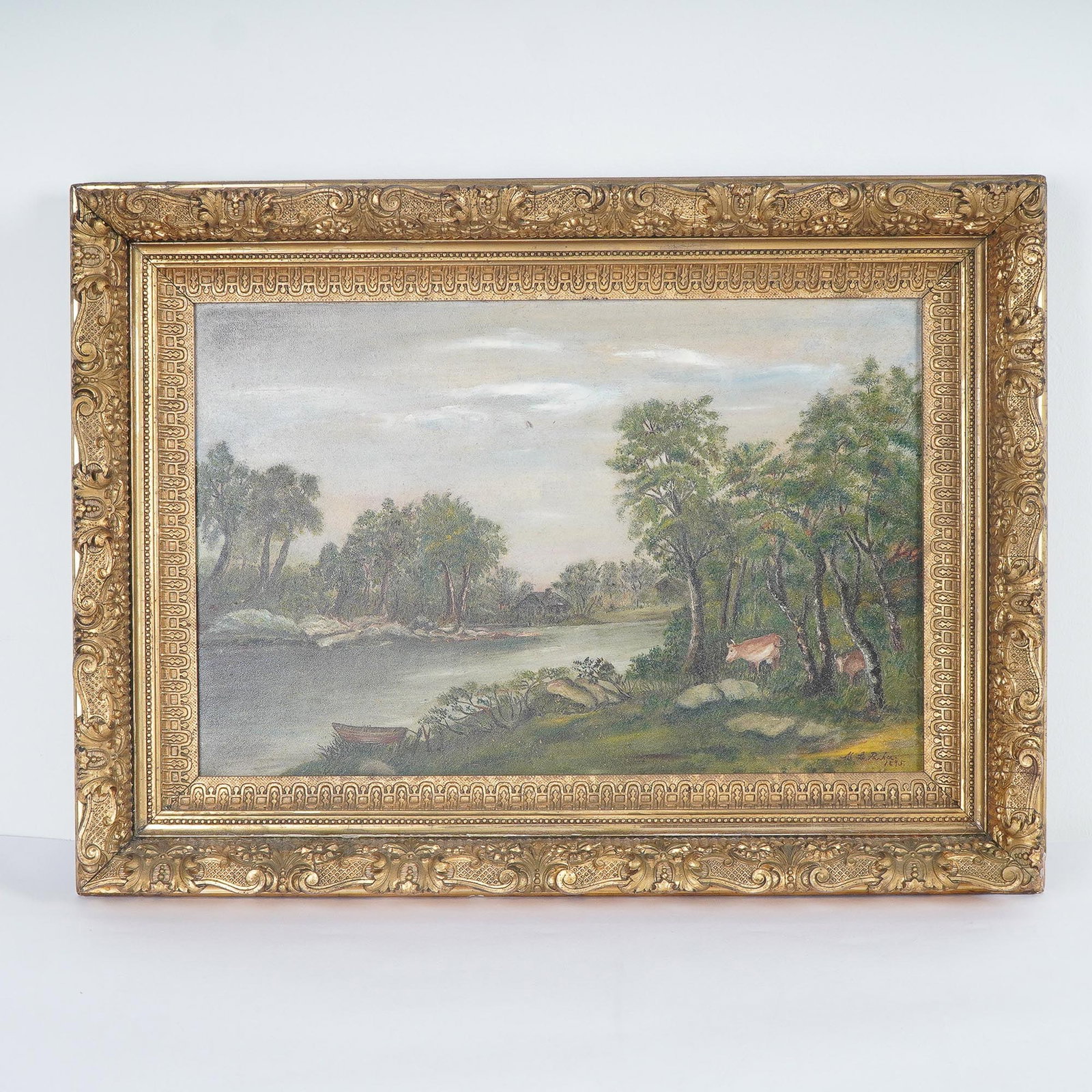 Lillian Marie Cobb Parker (American, 1865-1938) Oil Painting: An antique 19th century painting on board. Landscape with a house by the river with cows and boat. Signed and dated 1895 lower right. Measures 24" x 18" including frame, 18" x 12" image only. Dimensio