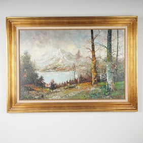 Original Oil Painting on Canvas, Alpine Lake Scene, Signed