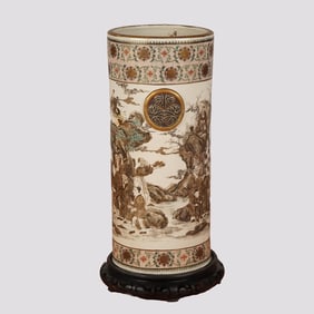 Japanese Satsuma-Style Ceramic Umbrella Stand with Carved Wooden Base