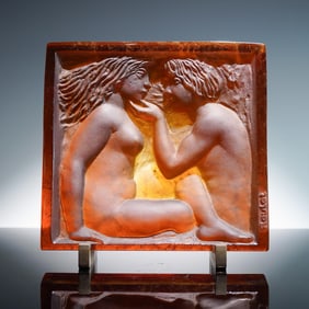 Daum by Pierre Roulot Pate de Verre Glass Sculpture, Adam and Eve