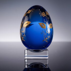 2pc Baccarat Crystal Figurine, Blue Egg with Gilt Floral Design and Stand