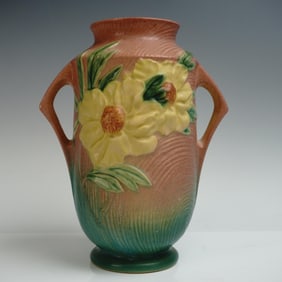 Roseville Pottery Double Handle Vase, Peony