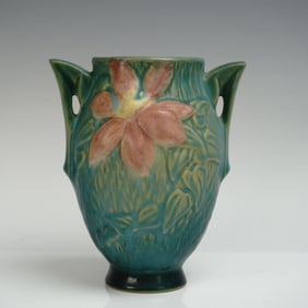 Roseville Pottery Double-Handle Vase, Clematis