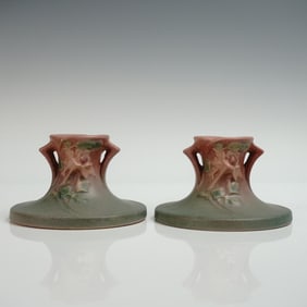 Pair of Roseville Pottery Candle Holders, Columbine