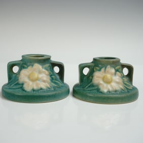 Pair of Roseville Pottery Candle Holders, Peony