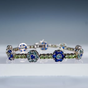 Nat Landau Hyman Sterling Silver Floral Bracelet with Green and Blue Stones